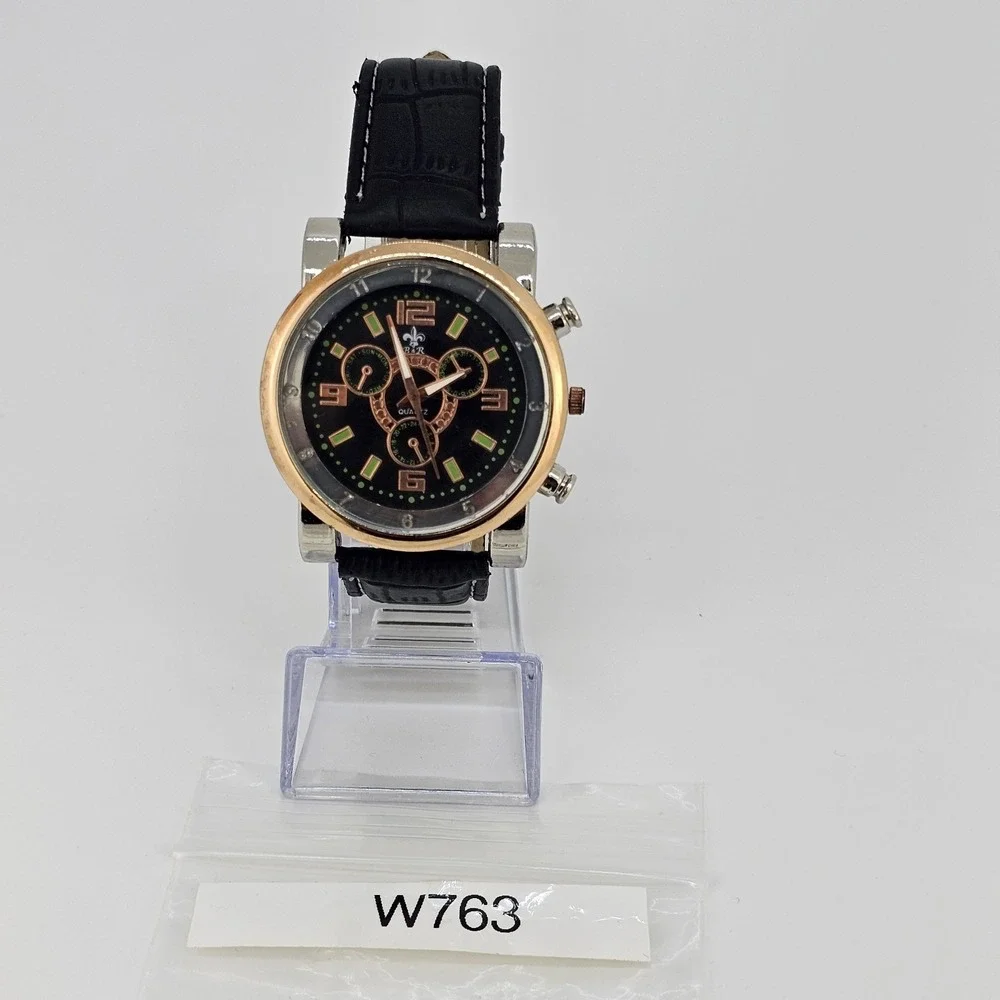 Men's Analog Watch 43MM Black Dial‎ Black Faux Leather Bands New Battery